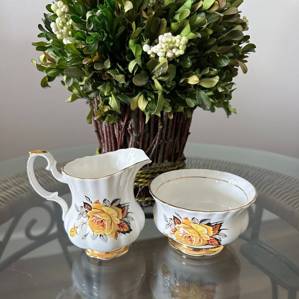 Vintage Royal Ardalt Bone China England Creamer & Sugar Yellow Roses